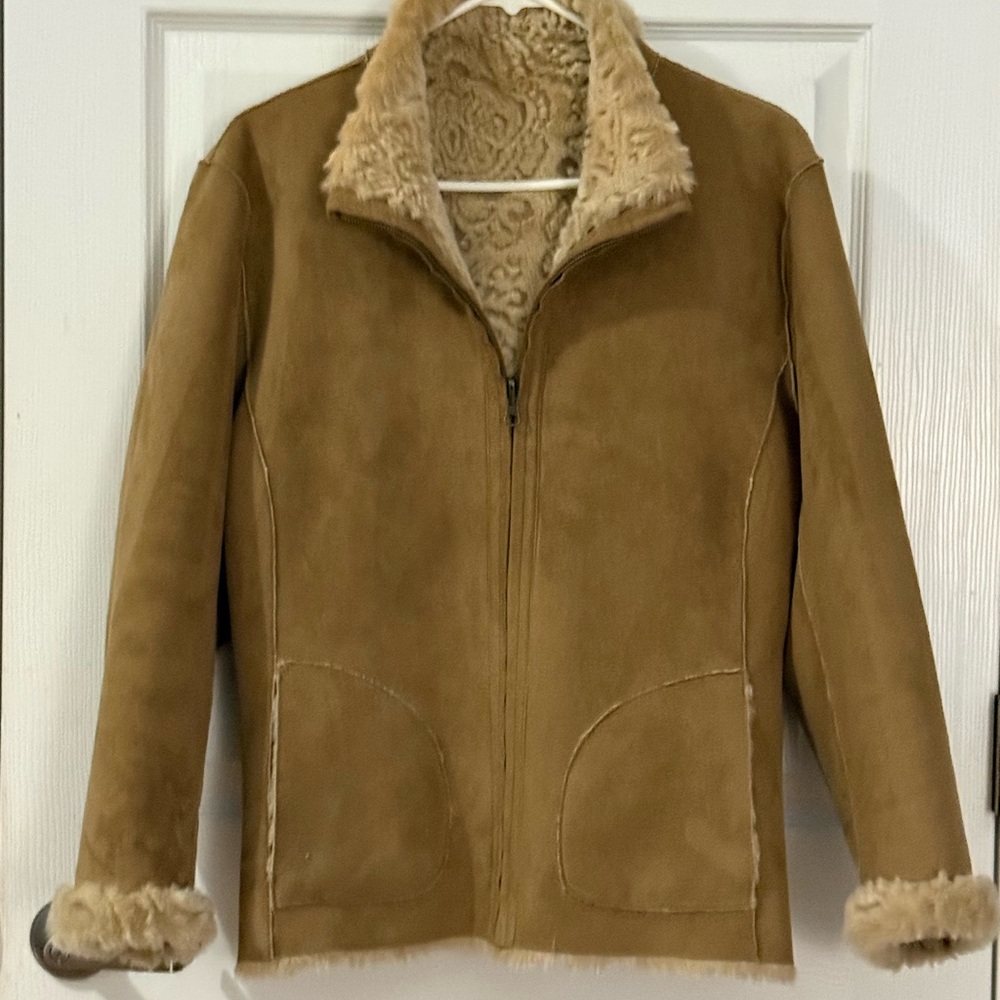Reversible Suede Leather Bomber Jacket Embossed Damask Lined Tan Women LG Unisex